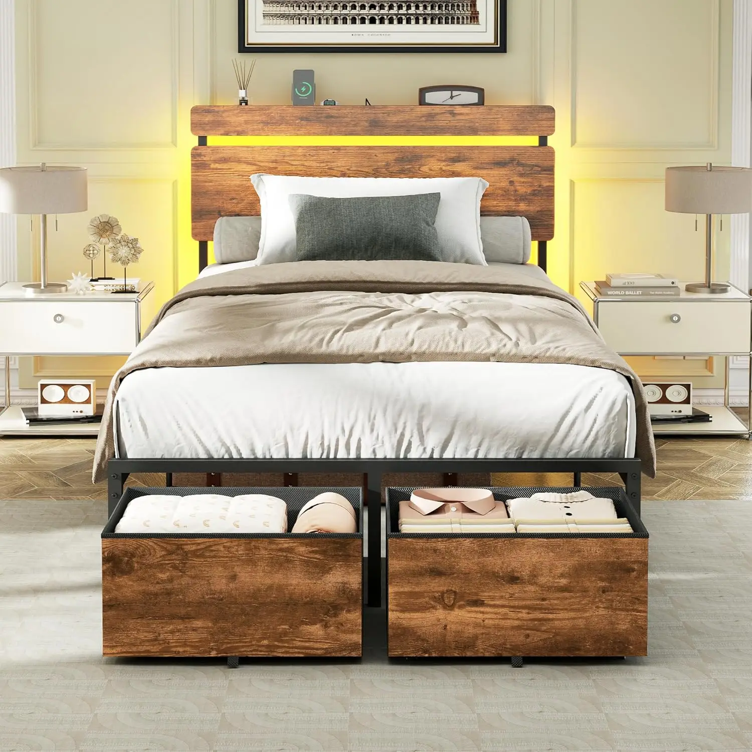 Twin Bed Frames with Wood Headboard Metal Platform Bed with 2 Storage Drawers Shelf Built in Charging Station LED Lights No
Twin Bed Frames with Wood Headboard Metal Platform Bed with 2 Storage Drawers Shelf Built in Charging Station LED Lights No