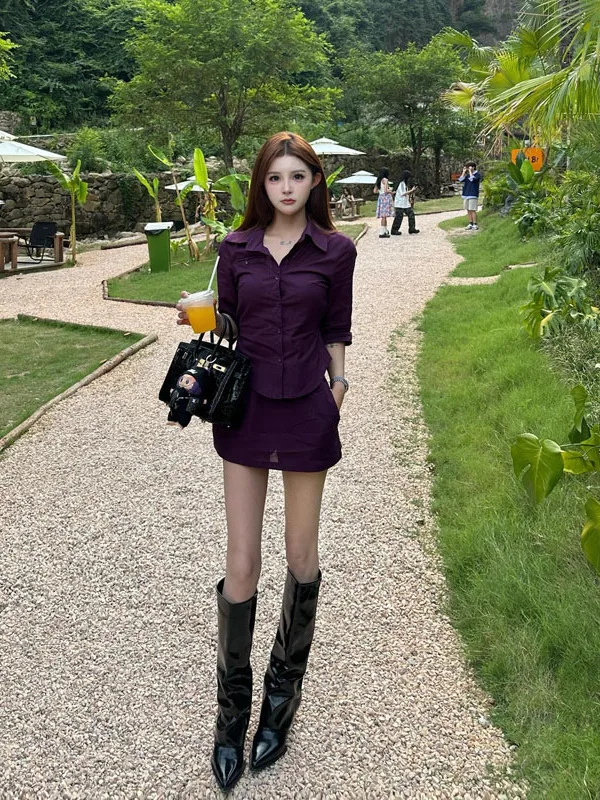 Fashionable Slim Fit Neck Long Sleeve Shirt And Skirt Two Piece Set for Women Early Autumn Purple Color
Fashionable Slim Fit Neck Long Sleeve Shirt And Skirt Two Piece Set for Women Early Autumn Purple Color