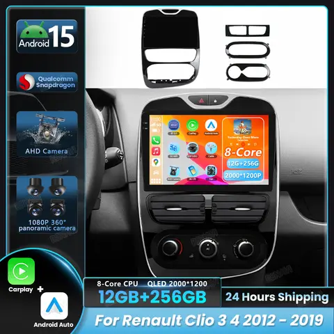 Android 15 Carplay Auto For Renault Clio 3 4 2012 - 2018 2019 Car Radio Touch Screen Wireless WIFI+4G Stereo Multimedia Player