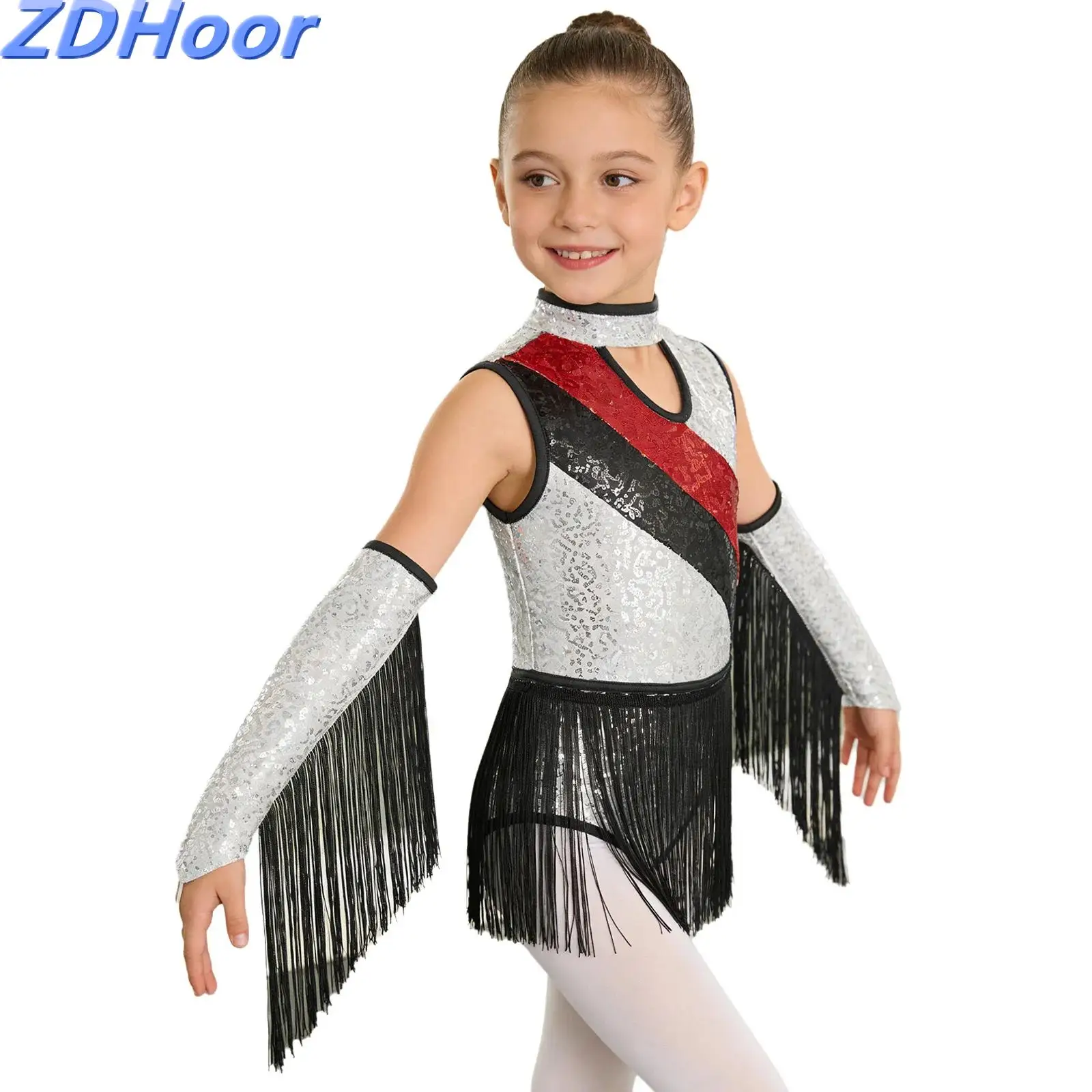 Kids Girls Tassel Sleeveless Latin Dance Outfit Mock Neck Cutout Color Block Sequin Leotard with Finger Holes Fringed Gloves
Kids Girls Tassel Sleeveless Latin Dance Outfit Mock Neck Cutout Color Block Sequin Leotard with Finger Holes Fringed Gloves