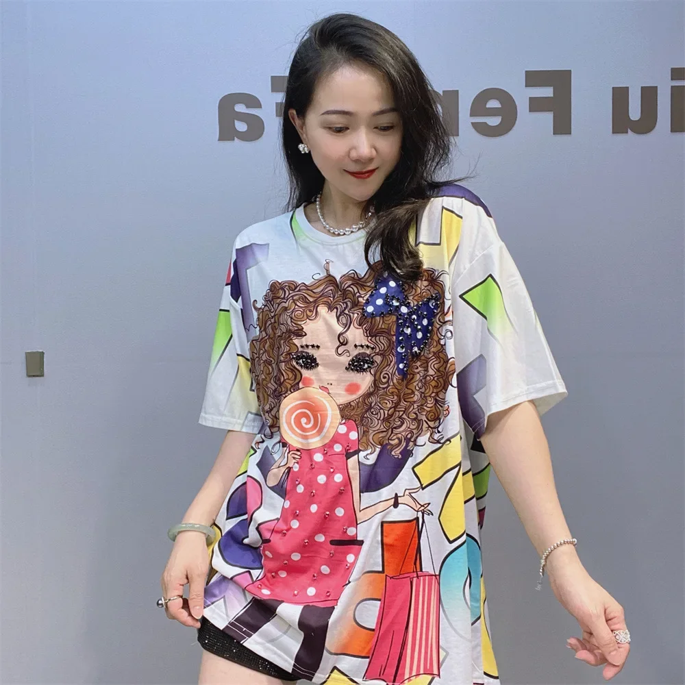 Colorful Fashion Printed T Shirts Women Summer Clothes Casual Cartoon Girl Diamonds Beading Short Sleeve Tops Tee Женская Одежда
Colorful Fashion Printed T Shirts Women Summer Clothes Casual Cartoon Girl Diamonds Beading Short Sleeve Tops Tee Женская Одежда