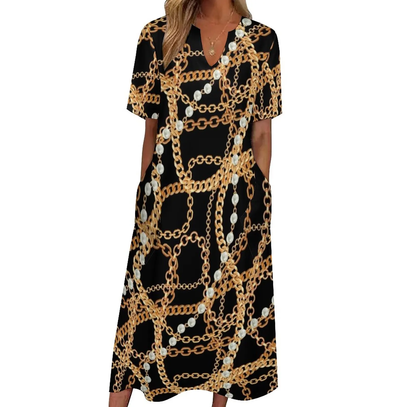 Gold Chains Dress Pearl Strand Jewelry Print Vintage Maxi Dress Boho Beach Long Dresses Short Sleeve Graphic Oversized Clothes
Gold Chains Dress Pearl Strand Jewelry Print Vintage Maxi Dress Boho Beach Long Dresses Short Sleeve Graphic Oversized Clothes