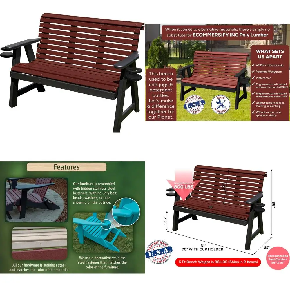 Amish Lancaster Series 3-Person 5T Plastic Lumber Wood Bench Cupholders Made in USA HDPE No wood ibers Memorial Patio Outdoor Ga
Amish Lancaster Series 3-Person 5T Plastic Lumber Wood Bench Cupholders Made in USA HDPE No wood ibers Memorial Patio Outdoor Ga