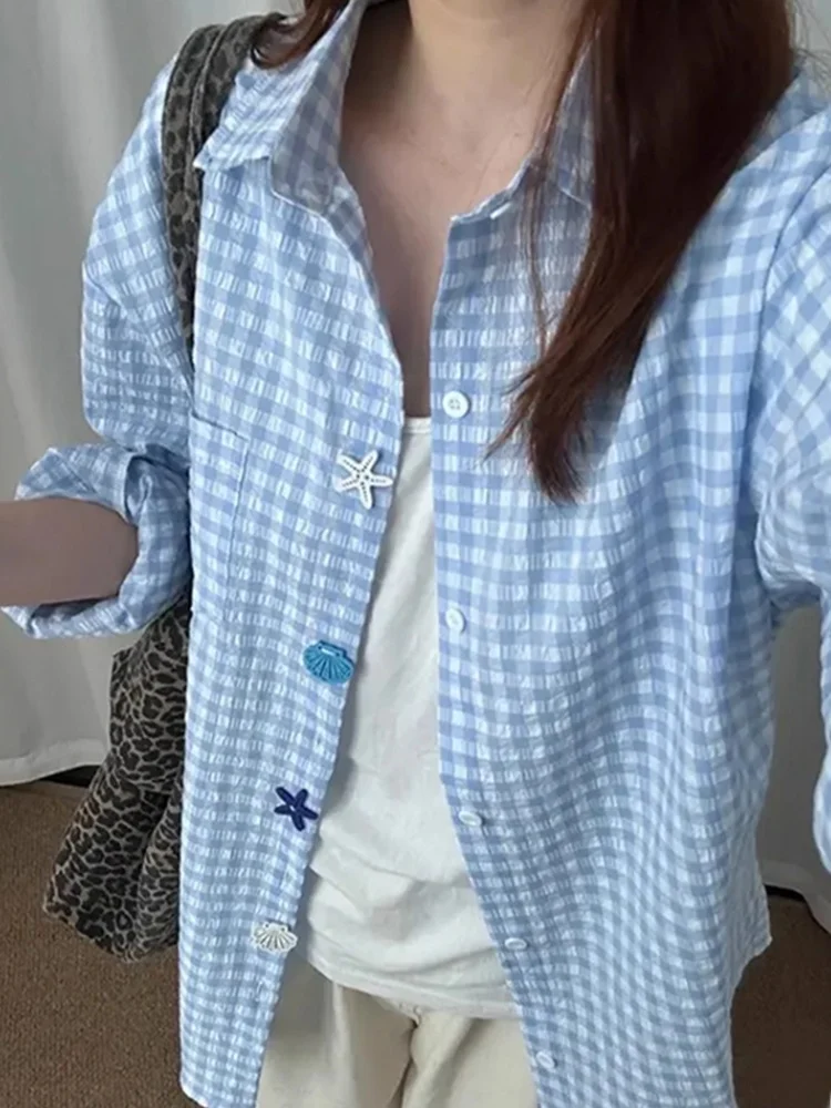 Blue Plaid Bubble irt Casual Long Sve ex Polyester Fiber Ice Sensation Loose Fit Summer Faion Outerwear Coat
Blue Plaid Bubble irt Casual Long Sve ex Polyester Fiber Ice Sensation Loose Fit Summer Faion Outerwear Coat