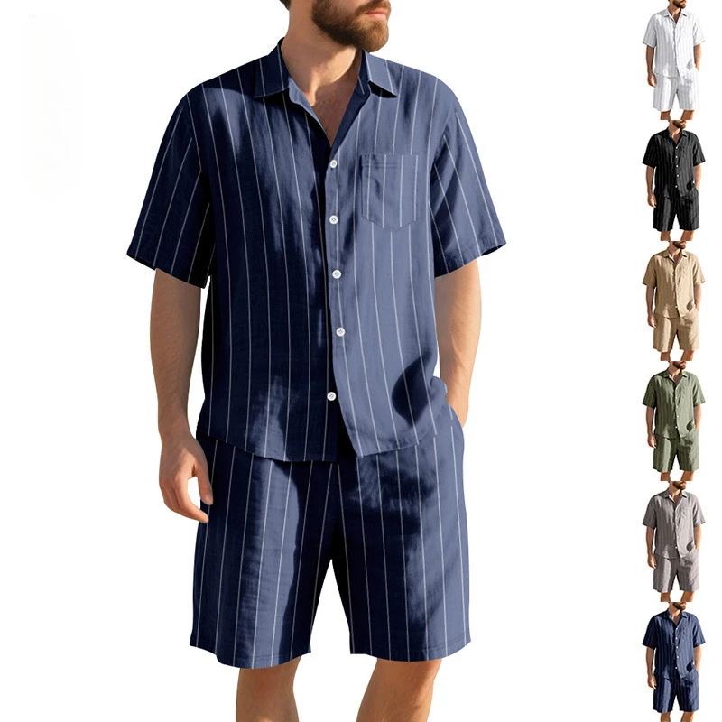 Summer Linen Cotton Suit Men's Striped Jacquard Loose Short Sleeve Shirt & Beach Shorts Two-piece Set
Summer Linen Cotton Suit Men's Striped Jacquard Loose Short Sleeve Shirt & Beach Shorts Two-piece Set