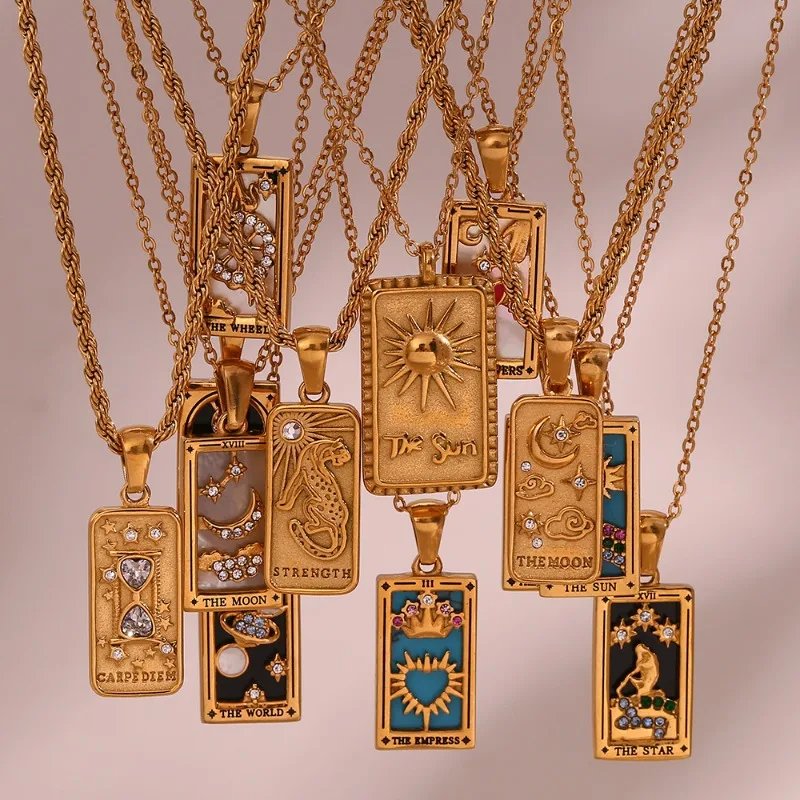Various Styles Gold Fashion Vintage Popular Jewellery Stainless Steel Rectangular Oil Drop Zirconia Tarot Necklace for Women
Various Styles Gold Fashion Vintage Popular Jewellery Stainless Steel Rectangular Oil Drop Zirconia Tarot Necklace for Women