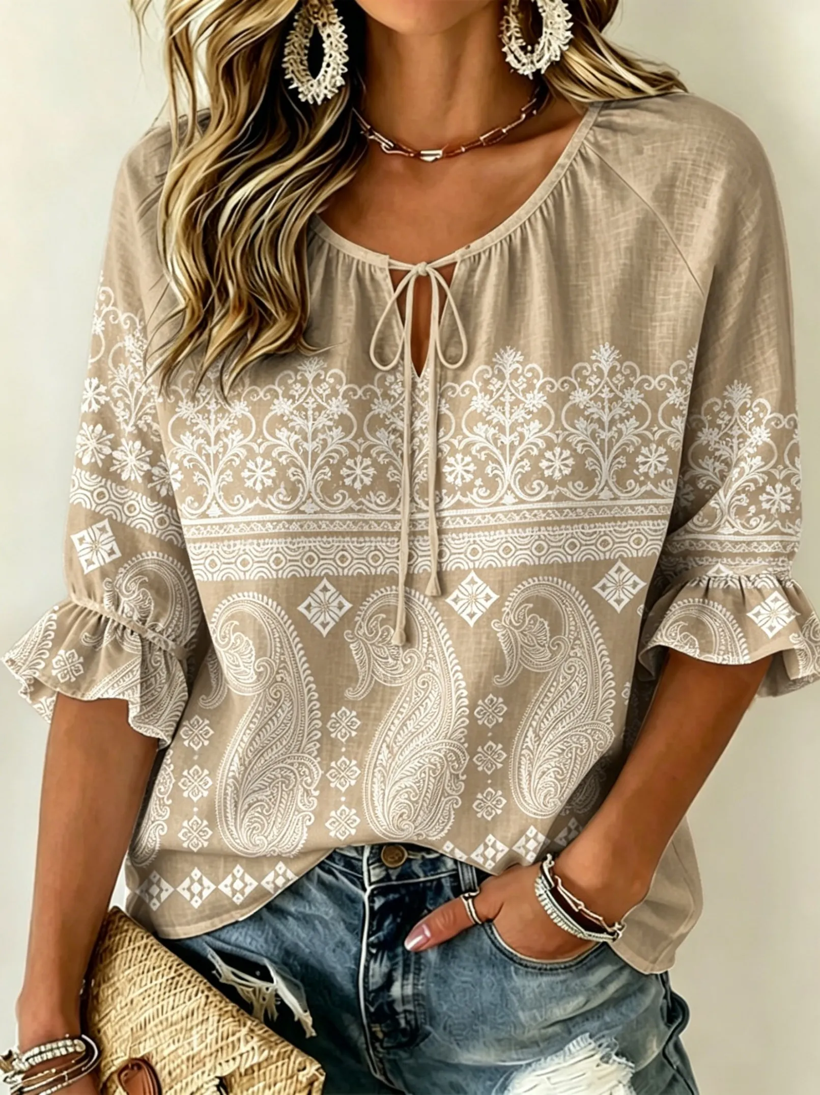 Women's Beige Paisley & Ethnic Print Tie Front Blouse, Casual Loose Top for Spring Summer Daily Wear
Women's Beige Paisley & Ethnic Print Tie Front Blouse, Casual Loose Top for Spring Summer Daily Wear