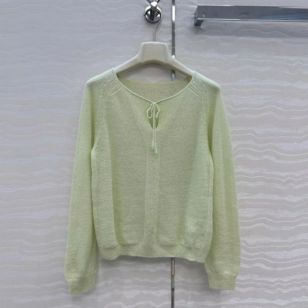 Early Autumn Thin Knitting Pullover Women Slash Neck Beading Lace-up Long Sleeve Shinny Sequins Sweet Light Green Cute Sweater
Early Autumn Thin Knitting Pullover Women Slash Neck Beading Lace-up Long Sleeve Shinny Sequins Sweet Light Green Cute Sweater