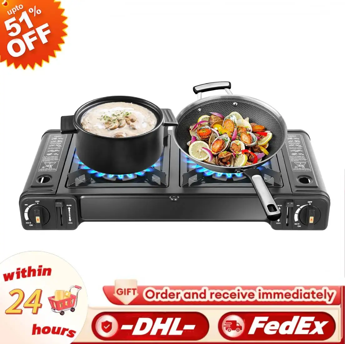Professional Dual-Burner Portable Camping Stove with Grill Tray Dual 1.15kW Burners for Outdoor BBQ & Picnics
Professional Dual-Burner Portable Camping Stove with Grill Tray Dual 1.15kW Burners for Outdoor BBQ & Picnics