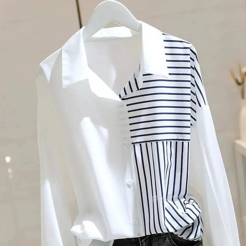 2025 New Women's Shirt Blouse Spring Summer Autumn Stripe Stitching Design Long Sleeved Shirt Versatile Casual White Shirt Top 
2025 New Women's Shirt Blouse Spring Summer Autumn Stripe Stitching Design Long Sleeved Shirt Versatile Casual White Shirt Top