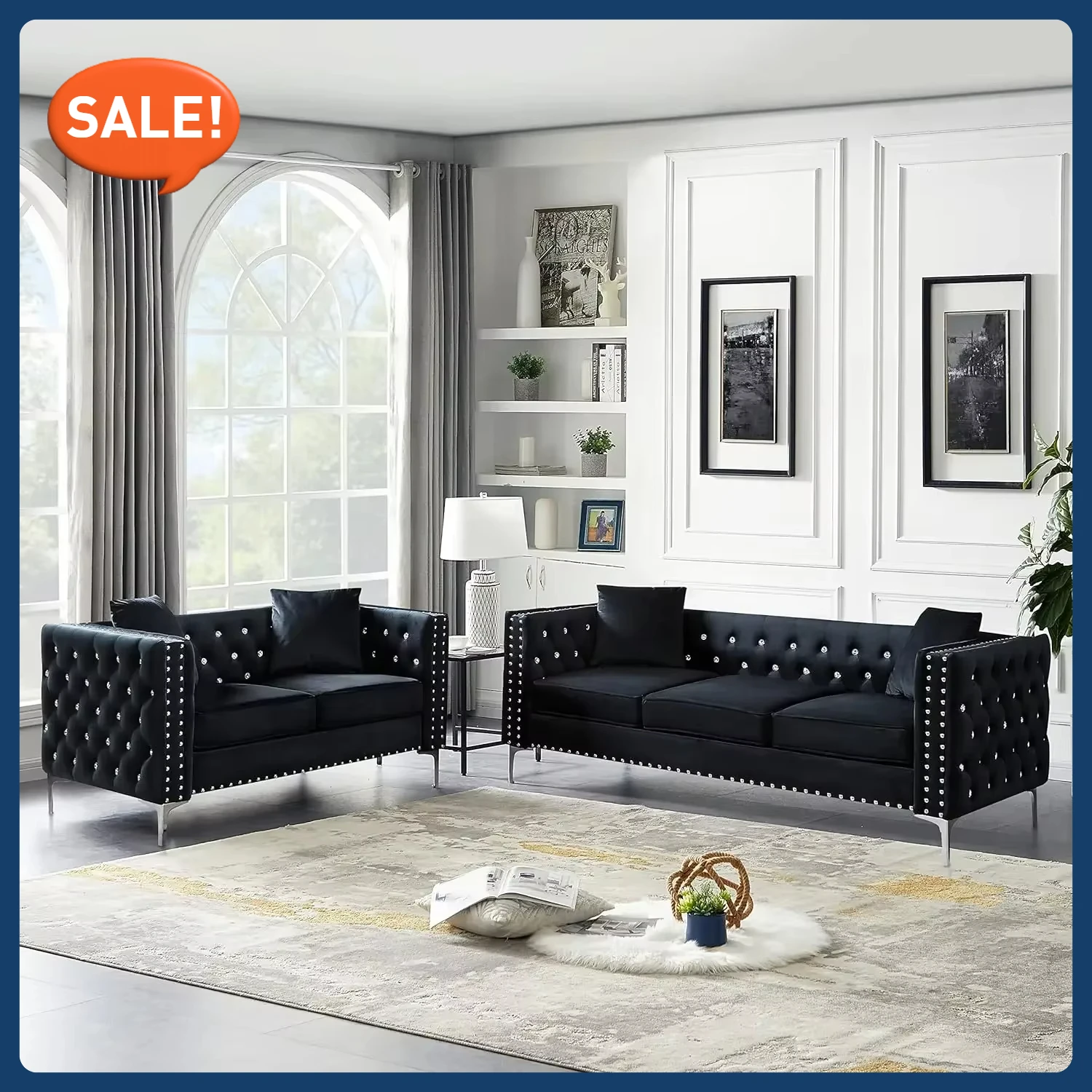 Black Velvet Upholstered Living Room Furniture Set-2-Piece,Including 3-Seater Sofa and Loveseat with Jeweled Buttons
Black Velvet Upholstered Living Room Furniture Set-2-Piece,Including 3-Seater Sofa and Loveseat with Jeweled Buttons