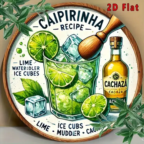 Vintage Caipirinha Recipe Metal Tin Sign: 2D Flat Aluminum Wall Art with Lime, Ice & Cachaca Cocktail Design –for Kitchen,