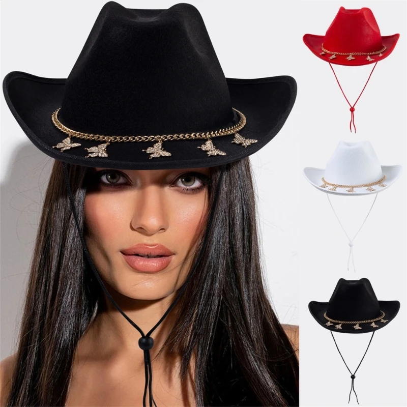 Men Women Casual Felt Cowboy Hat with Rhinestones Butterfly Chain Music Festival Party Wide Brim Cowgirl Hat for Club Stage Show
Men Women Casual Felt Cowboy Hat with Rhinestones Butterfly Chain Music Festival Party Wide Brim Cowgirl Hat for Club Stage Show