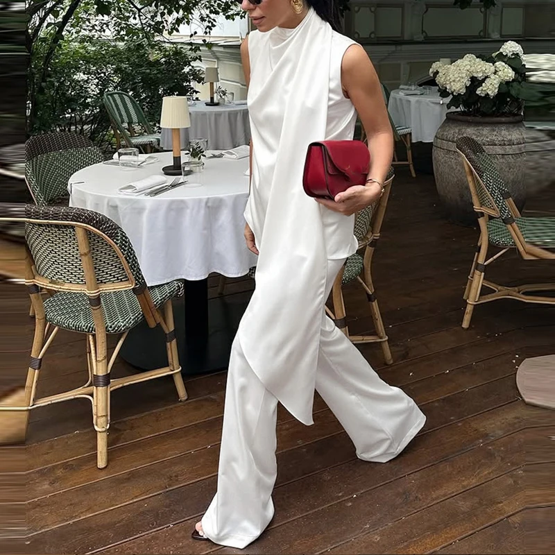Summer Beach Vacation Two Piece Sets Lady Casual Loose Commute Outfits White Turtleneck Sleeveless Irregular Vest And Pants Sets
Summer Beach Vacation Two Piece Sets Lady Casual Loose Commute Outfits White Turtleneck Sleeveless Irregular Vest And Pants Sets