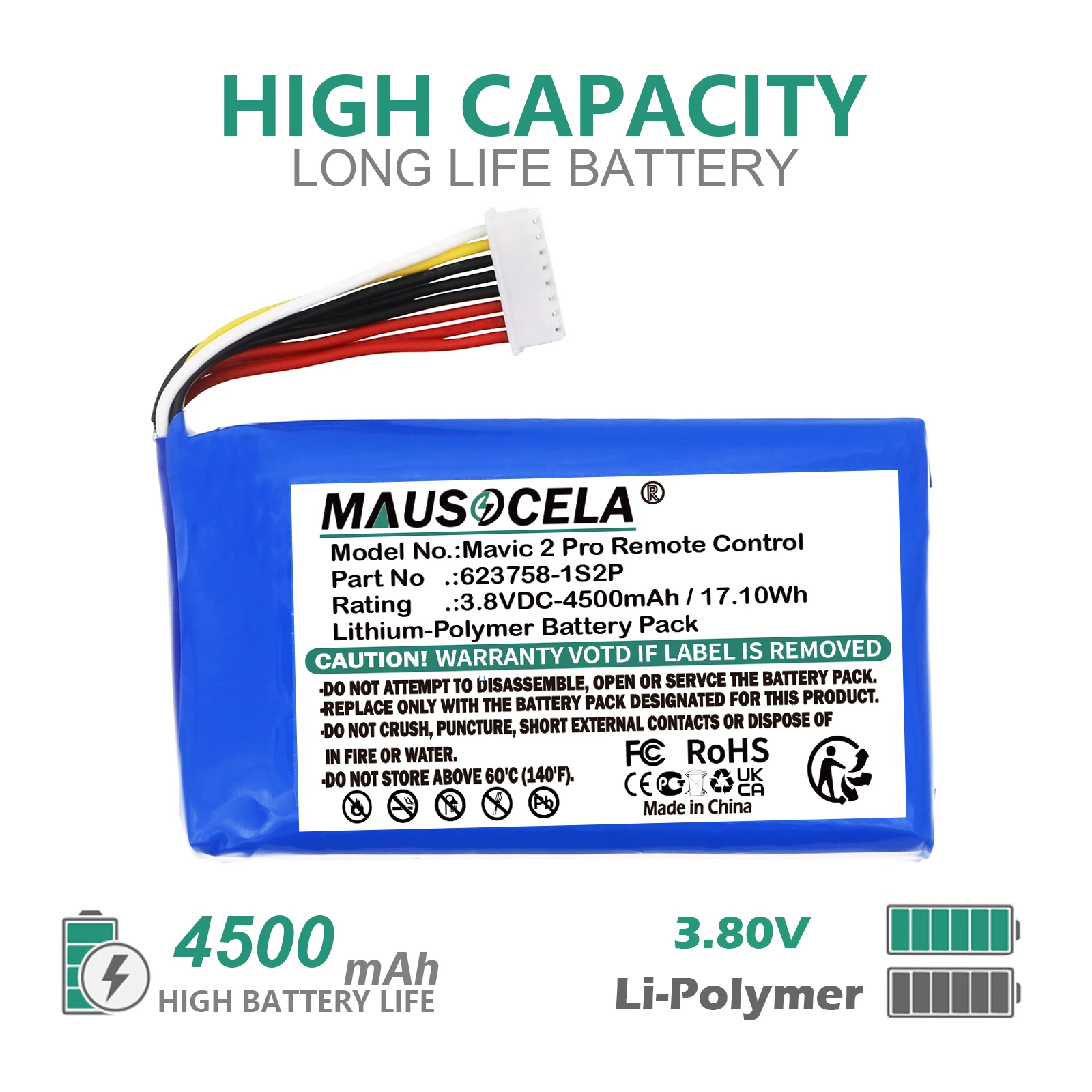 Replacement Remote Controller Battery For DJI:Mavic 2 Pro Remote Control,623758-1S2P,4500mAh / 17.10Wh,Li-Polymer,3.80V
Replacement Remote Controller Battery For DJI:Mavic 2 Pro Remote Control,623758-1S2P,4500mAh / 17.10Wh,Li-Polymer,3.80V