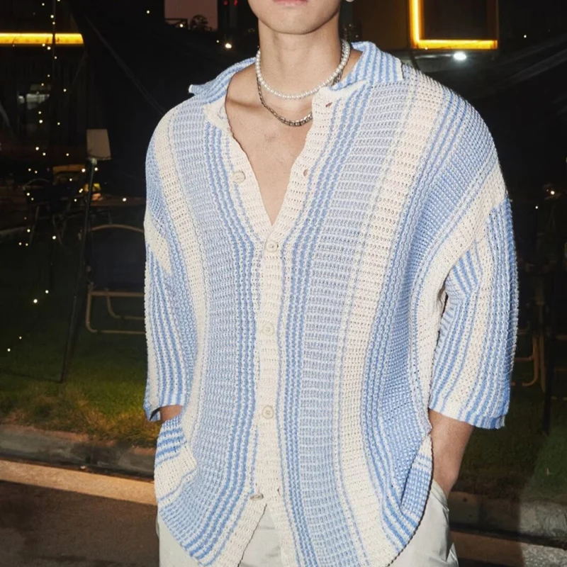 Fashion Contract Color Short Sleeve Button Lapel Tops Men Clothing Casual Loose Beach Cardigan 2024 Summer Mens Knitted Shirts
Fashion Contract Color Short Sleeve Button Lapel Tops Men Clothing Casual Loose Beach Cardigan 2024 Summer Mens Knitted Shirts