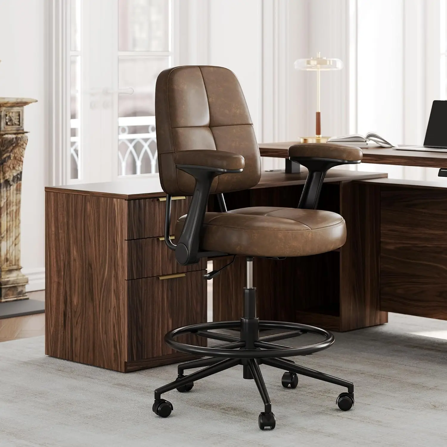Drafting Executive Chair, Tall Office Chair with Padded Flip-Up Armrests, Mid-Back Cushioned Seat, 360° Swivel Rolling Computer
Drafting Executive Chair, Tall Office Chair with Padded Flip-Up Armrests, Mid-Back Cushioned Seat, 360° Swivel Rolling Computer