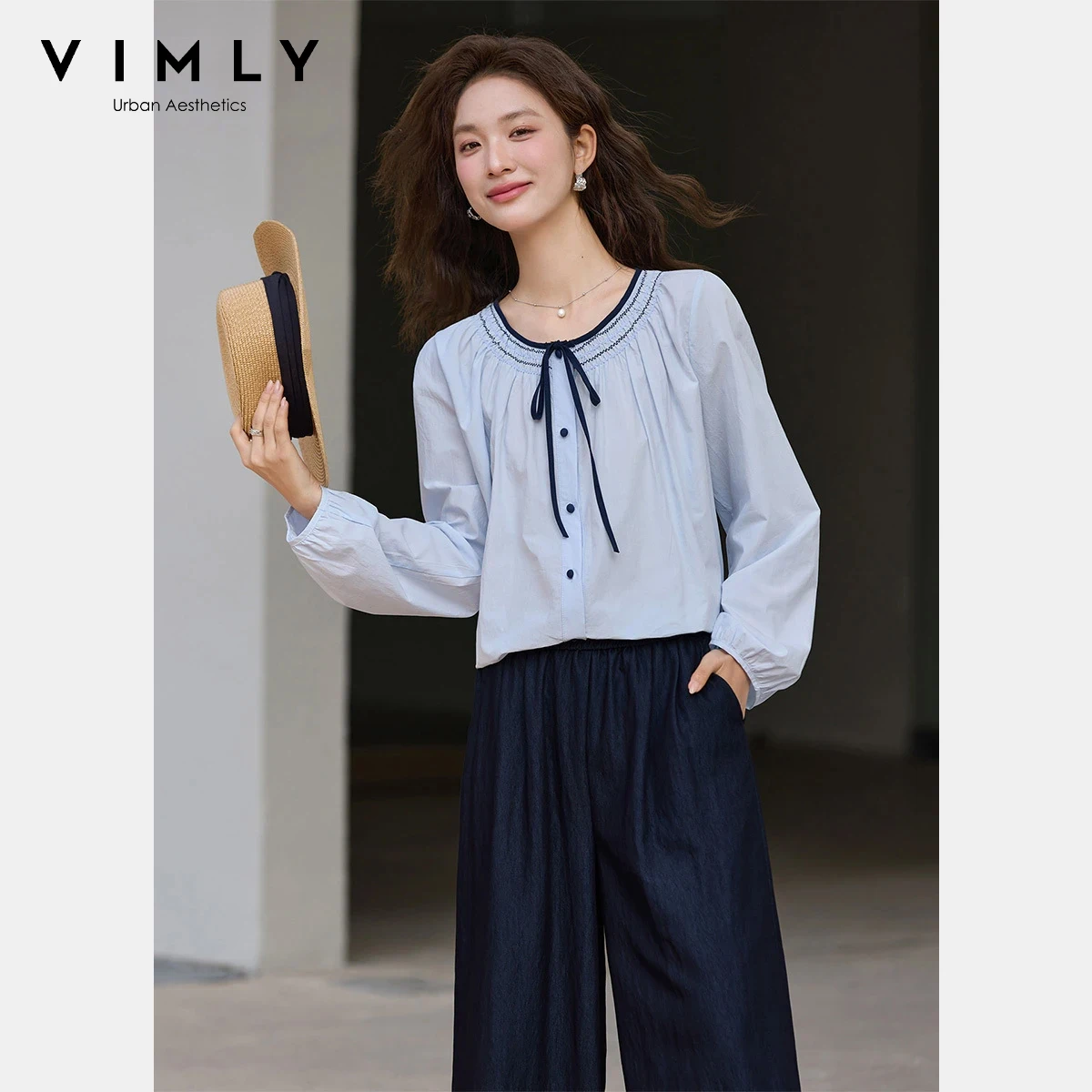 VIMLY Light Blue Puff Sleeve Blouse Women 2026 Spring New O-Neck Embroidery Contrast Trim Casual Daily Long Sleeve Shirt 30763
VIMLY Light Blue Puff Sleeve Blouse Women 2026 Spring New O-Neck Embroidery Contrast Trim Casual Daily Long Sleeve Shirt 30763
