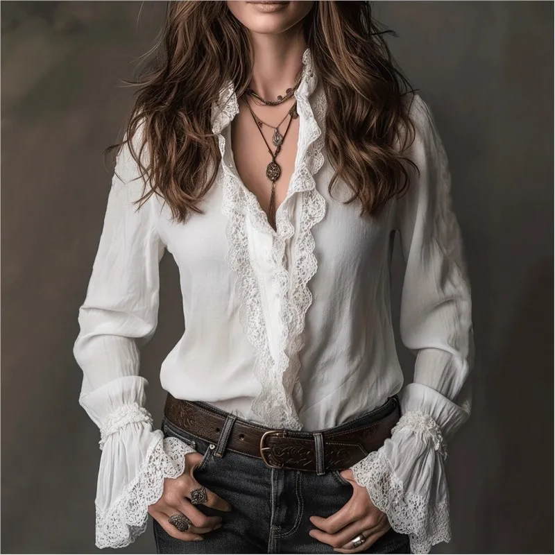 Women's New Long Sleeve Lace Trim Blouse Spring Autumn White Boho V Neck Ruffled Flare Cuff Casual Shirt Top
Women's New Long Sleeve Lace Trim Blouse Spring Autumn White Boho V Neck Ruffled Flare Cuff Casual Shirt Top