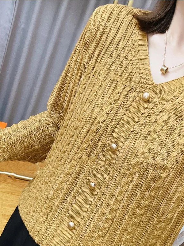 Loose Long Sleeve V-Neck Knitwear Women's Spring Autumn Casual Style Polyester Fiber Knitted Top Early Autumn Fashion Design
Loose Long Sleeve V-Neck Knitwear Women's Spring Autumn Casual Style Polyester Fiber Knitted Top Early Autumn Fashion Design