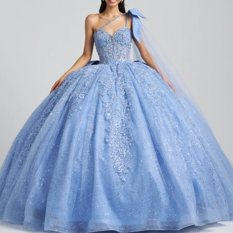 Blue Shiny Ball Gown Quinceanera Dresses Applique Lace Beading Crystal Tiered Tull Bow Corset Off The Shoulder Sweet 16 vestido
Blue Shiny Ball Gown Quinceanera Dresses Applique Lace Beading Crystal Tiered Tull Bow Corset Off The Shoulder Sweet 16 vestido