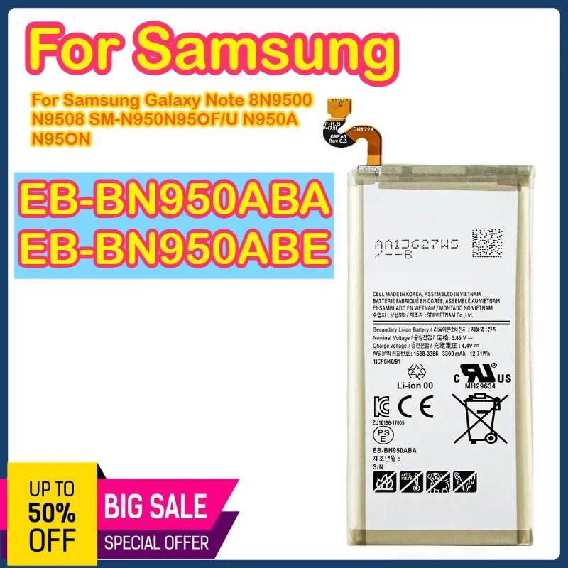 EB-BN950ABA EB-BN950ABE Аккумулятор 3300 мАч для Samsung GALAXY Note 8 N9500 N9508 SM-N950 N950F/U N950A N950N
EB-BN950ABA EB-BN950ABE Аккумулятор 3300 мАч для Samsung GALAXY Note 8 N9500 N9508 SM-N950 N950F/U N950A N950N