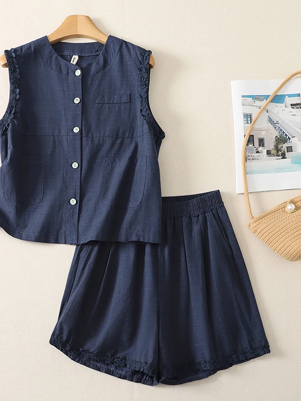 Fashionable Embroidered Cotton Linen Set without Sleeves Button up Vest Elastic Waist Wide Leg Shorts Two Piece Set Summer 2026
Fashionable Embroidered Cotton Linen Set without Sleeves Button up Vest Elastic Waist Wide Leg Shorts Two Piece Set Summer 2026