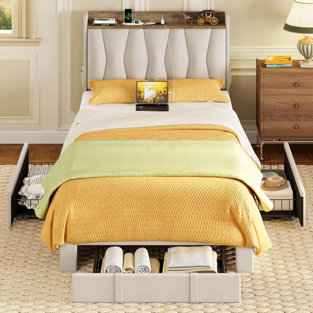 Twin XL Bed Frame with 3 Drawers, with Storage Headboard and Charging Station, No Box Spring Needed Upholstered Platform Bed
Twin XL Bed Frame with 3 Drawers, with Storage Headboard and Charging Station, No Box Spring Needed Upholstered Platform Bed