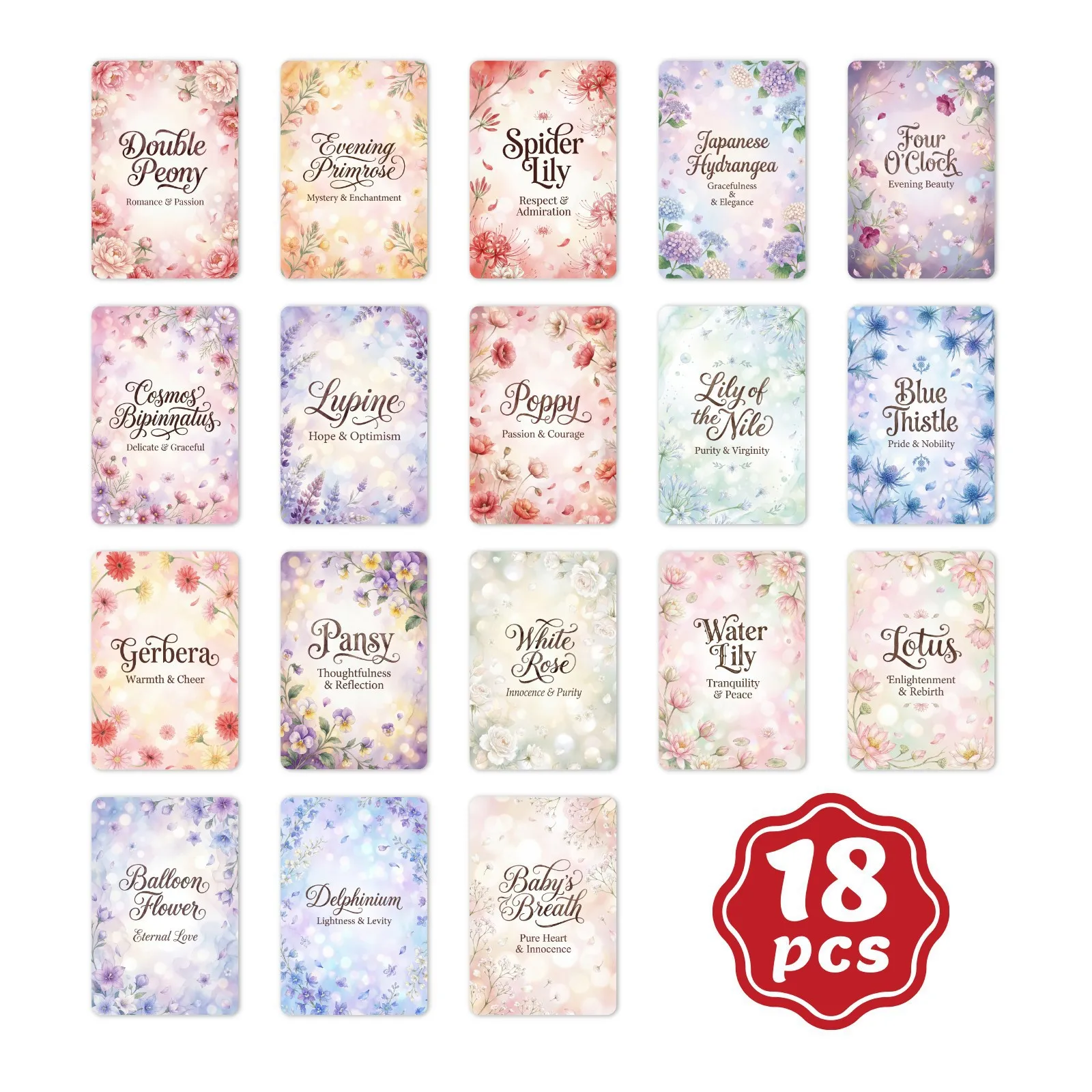 Набор из 18 эстетичных карточек с цветочными символами: расписанные вручную иллюстрации цветов, декоративные карточки для записей с ботаническим дизайном
Набор из 18 эстетичных карточек с цветочными символами: расписанные вручную иллюстрации цветов, декоративные карточки для записей с ботаническим дизайном