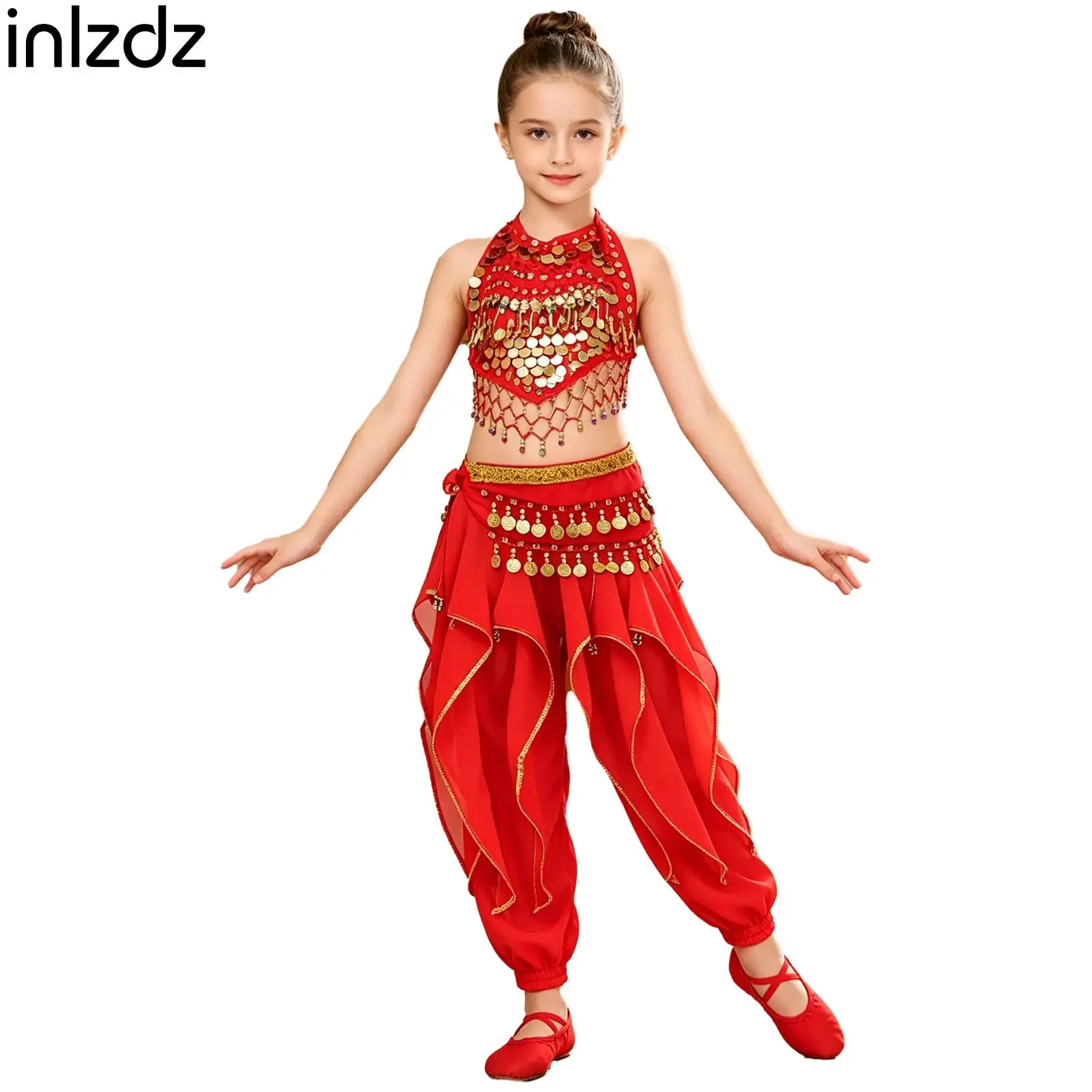 Sequin Tassel 3 Piece Belly Dance costume for Kids girls Halter Self Tie Backless Crop Top with Ruffle Pants and Waist Chain
Sequin Tassel 3 Piece Belly Dance costume for Kids girls Halter Self Tie Backless Crop Top with Ruffle Pants and Waist Chain