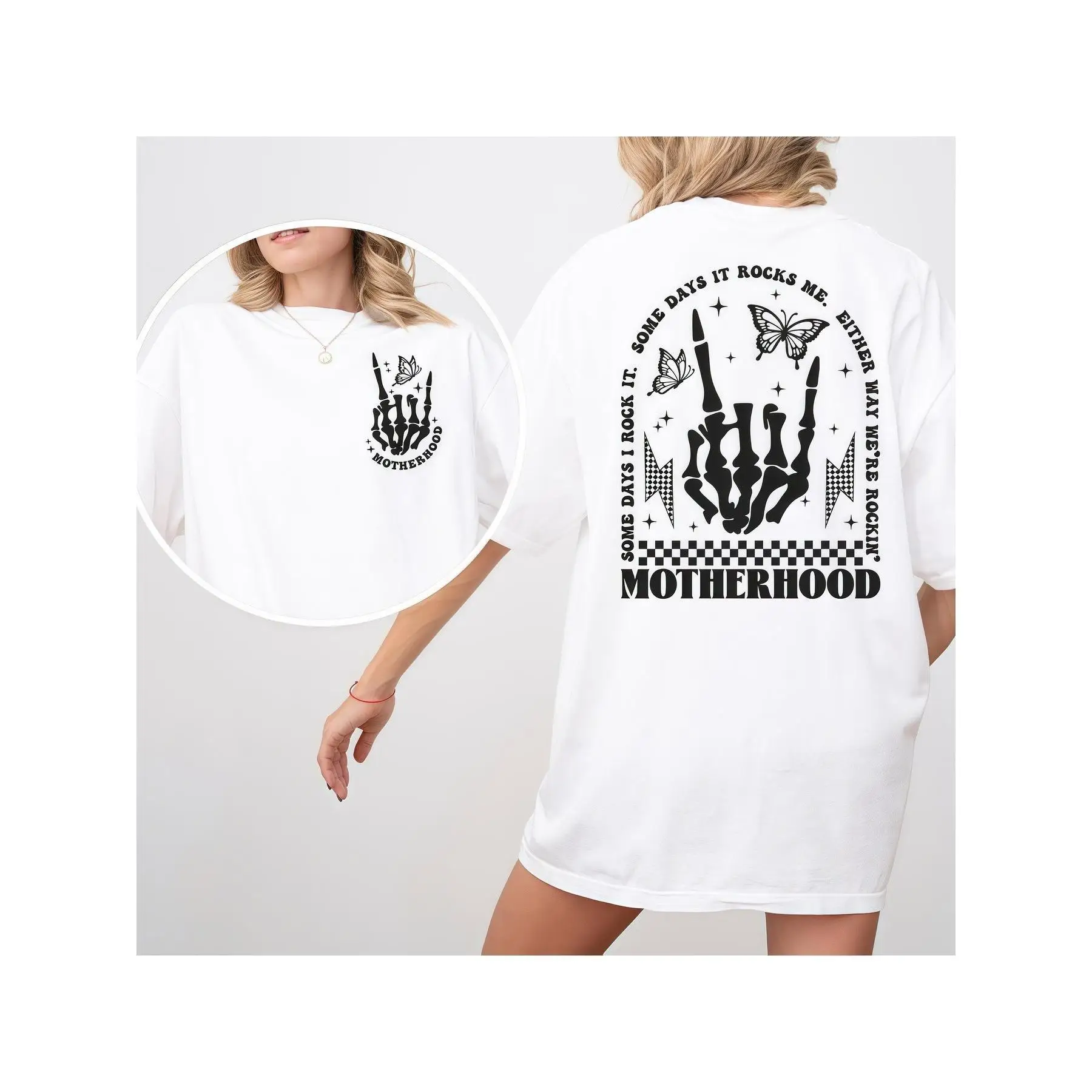 Women's Edgy Graphic Tee Dress, Skull Hand & "Motherhood" Print, Punk - Style Casual Maternity/Mom Top
Women's Edgy Graphic Tee Dress, Skull Hand & "Motherhood" Print, Punk - Style Casual Maternity/Mom Top