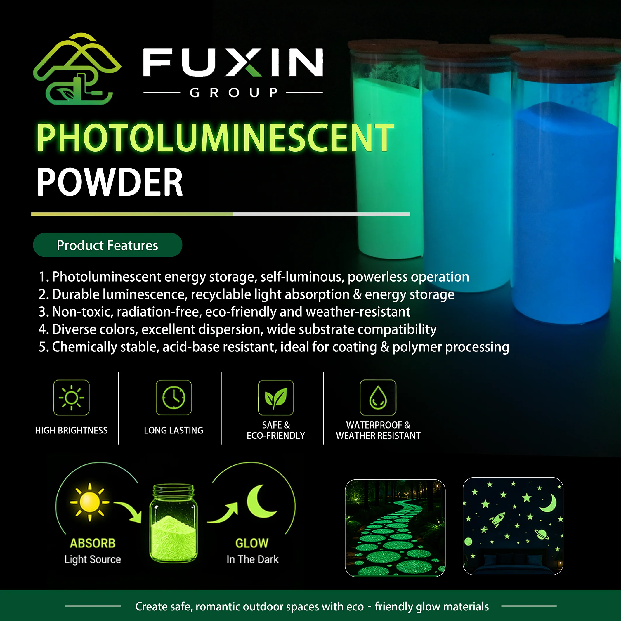 Long Lasting Glow in The Dark Pigment Powder Non Toxic Luminous Powder for Resin Paint Decoration
Long Lasting Glow in The Dark Pigment Powder Non Toxic Luminous Powder for Resin Paint Decoration