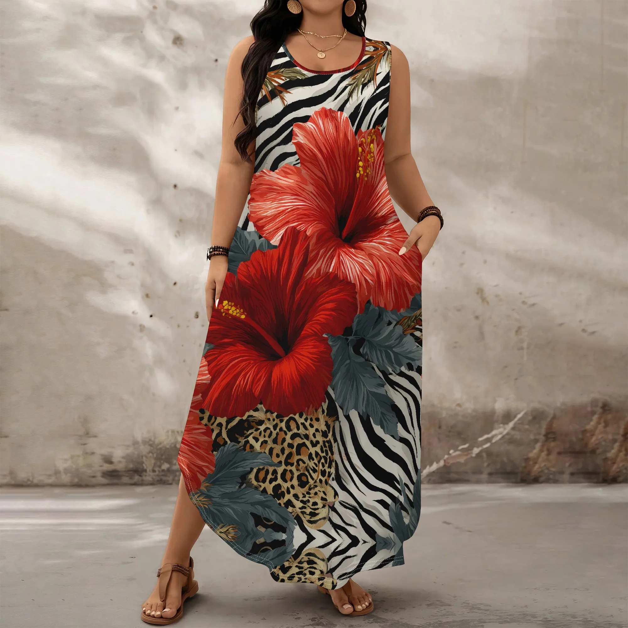 Tropical Hibiscus & Animal Print Sleeveless Maxi Dress XL-6XL Loose A-Line for Afro Party, Beach Vacation or Safari Look
Tropical Hibiscus & Animal Print Sleeveless Maxi Dress XL-6XL Loose A-Line for Afro Party, Beach Vacation or Safari Look