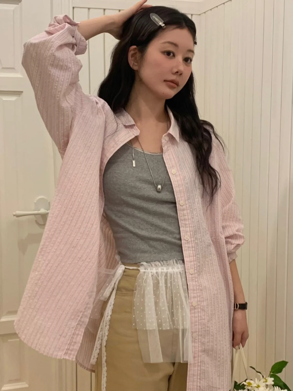Striped Women's Shirt Loose Mid-Length Spring 2025 Elegant Open Cardigan Top Quality Korean Style Long Sleeve Collar
Striped Women's Shirt Loose Mid-Length Spring 2025 Elegant Open Cardigan Top Quality Korean Style Long Sleeve Collar