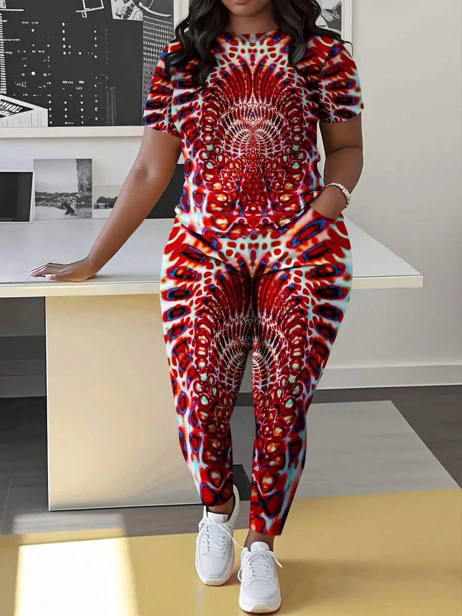 Plus Size Women 2 Piece Outfit Short Sleeve T-Shirt And Long Pants With Abstract Mandala Print Casual Set
Plus Size Women 2 Piece Outfit Short Sleeve T-Shirt And Long Pants With Abstract Mandala Print Casual Set