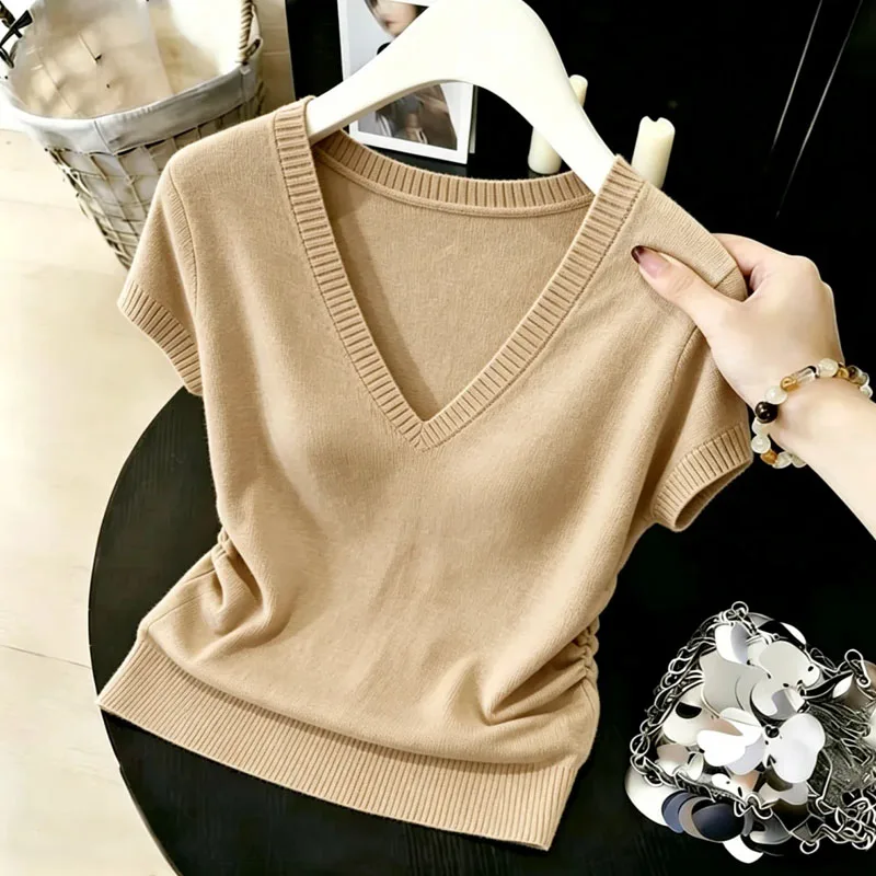Fashion Summer Short Sleeve Knitted Sweater Women Pullovers Sueters De Mujer Slim V-Neck Knit Sweater Pullover Women Tops Q4523
Fashion Summer Short Sleeve Knitted Sweater Women Pullovers Sueters De Mujer Slim V-Neck Knit Sweater Pullover Women Tops Q4523