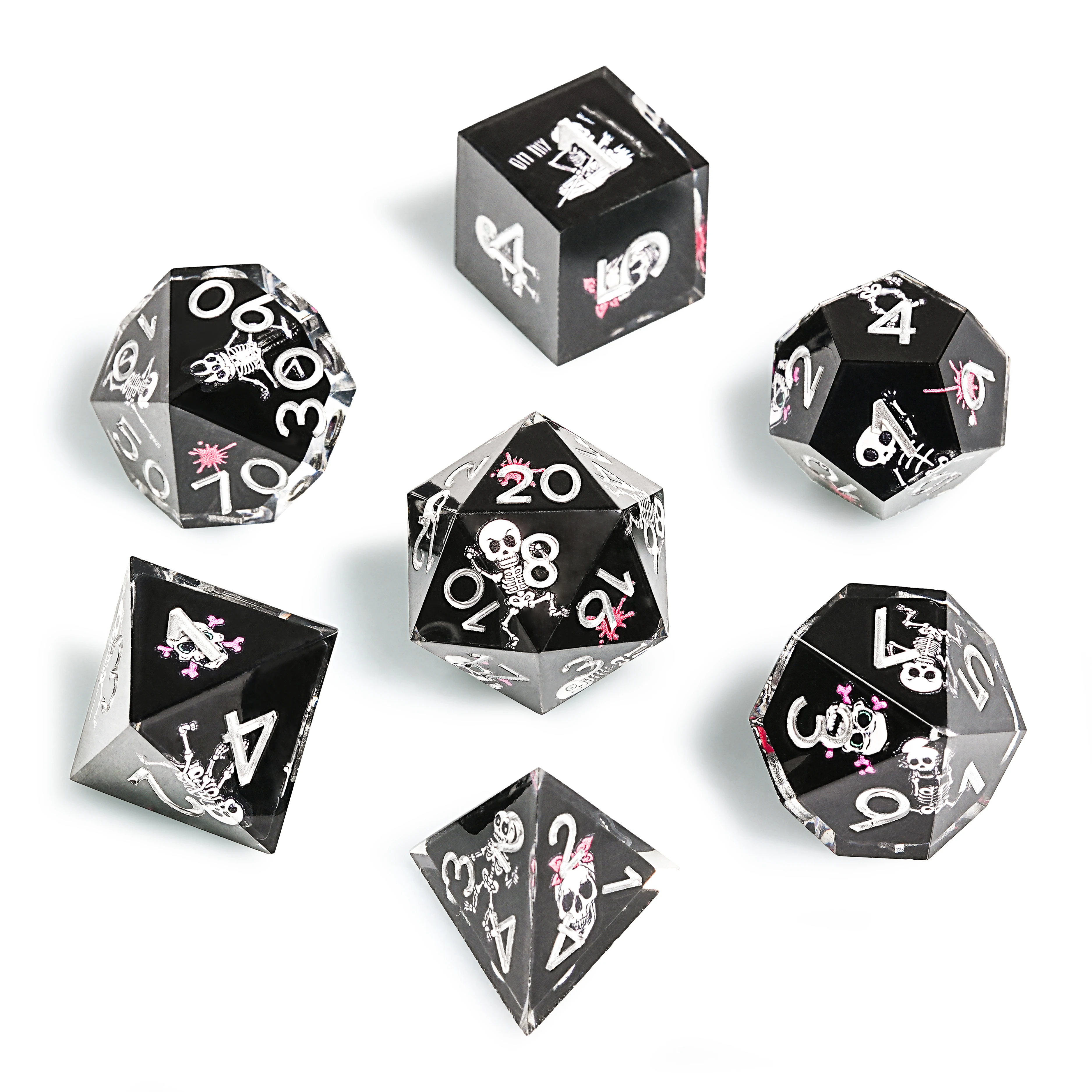 7Pcs Black Skeleton DND Dice Resin Dice Set D&D Dice Sharp Edge Dice Polyhedral Dice Dungeons and Dragons Table Game D6~D20 
7Pcs Black Skeleton DND Dice Resin Dice Set D&D Dice Sharp Edge Dice Polyhedral Dice Dungeons and Dragons Table Game D6~D20