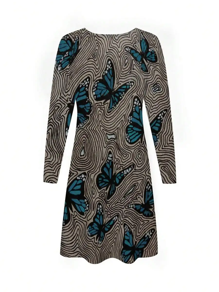 Womens Knitted Casual Dress With Blue Butterfly Print On Brown Wavy Background
Womens Knitted Casual Dress With Blue Butterfly Print On Brown Wavy Background