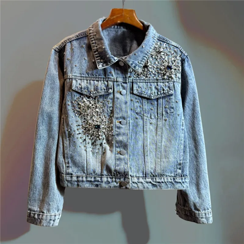 Spring Autumn Women Beaded Diamond Light Blue Short Denim Jacket Casual Lapel Long Sleeve Jeans Jacket Coat Female Streetwear
Spring Autumn Women Beaded Diamond Light Blue Short Denim Jacket Casual Lapel Long Sleeve Jeans Jacket Coat Female Streetwear