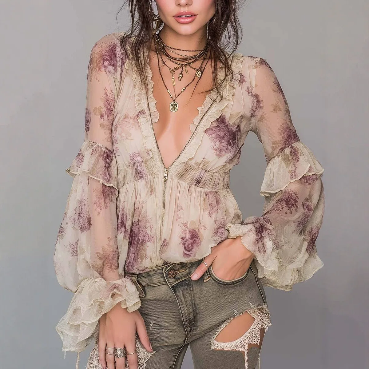 Women's Vintage Floral Print Shirt V-Neck Bell Sleeves Ruffles Trim Front Zippe Flare See Through Long Sleeve Slim T-shirts
Women's Vintage Floral Print Shirt V-Neck Bell Sleeves Ruffles Trim Front Zippe Flare See Through Long Sleeve Slim T-shirts