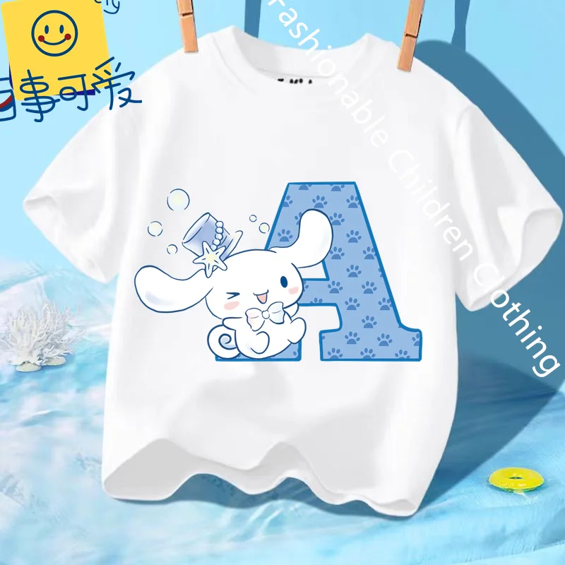 Cinnamoroll 26 Letters T-shirt Children Sanrio Cartoon T-shirt Fashion White Short Sleeve Cute Anime Loose Clothing Kid Tee Gift
Cinnamoroll 26 Letters T-shirt Children Sanrio Cartoon T-shirt Fashion White Short Sleeve Cute Anime Loose Clothing Kid Tee Gift