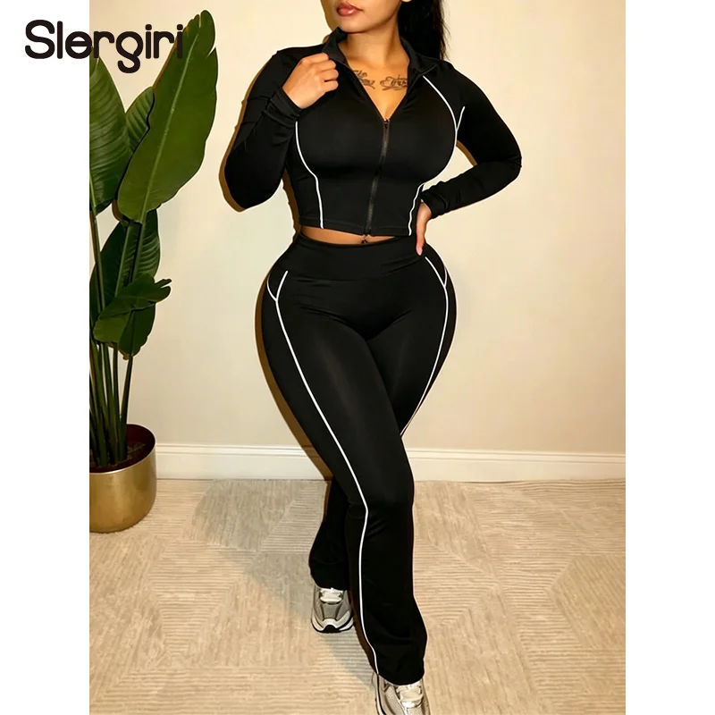 Slergiri Black Casual Sports Suit Women 2026 New Autumn Long Sleeve Zip Up Crop Jacket + Flared Pants Two Piece Set Sportswear
Slergiri Black Casual Sports Suit Women 2026 New Autumn Long Sleeve Zip Up Crop Jacket + Flared Pants Two Piece Set Sportswear
