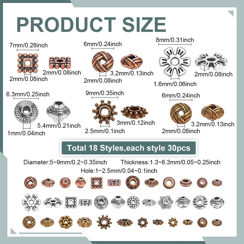 540Pcs 18 Styles Alloy Spacer Beads Mixed Color 5~9x1.3~6.3mm Hole: 1~2.5mm 30pcs/style
540Pcs 18 Styles Alloy Spacer Beads Mixed Color 5~9x1.3~6.3mm Hole: 1~2.5mm 30pcs/style