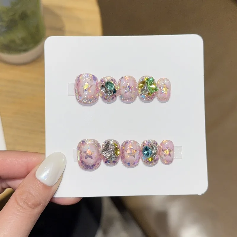 10Pcs Handmade Nails Ultra-Glam Short Square-Round Nails with Colorful Rhinestones and Stars (Press-On Nails) Perfect for Girls
10Pcs Handmade Nails Ultra-Glam Short Square-Round Nails with Colorful Rhinestones and Stars (Press-On Nails) Perfect for Girls