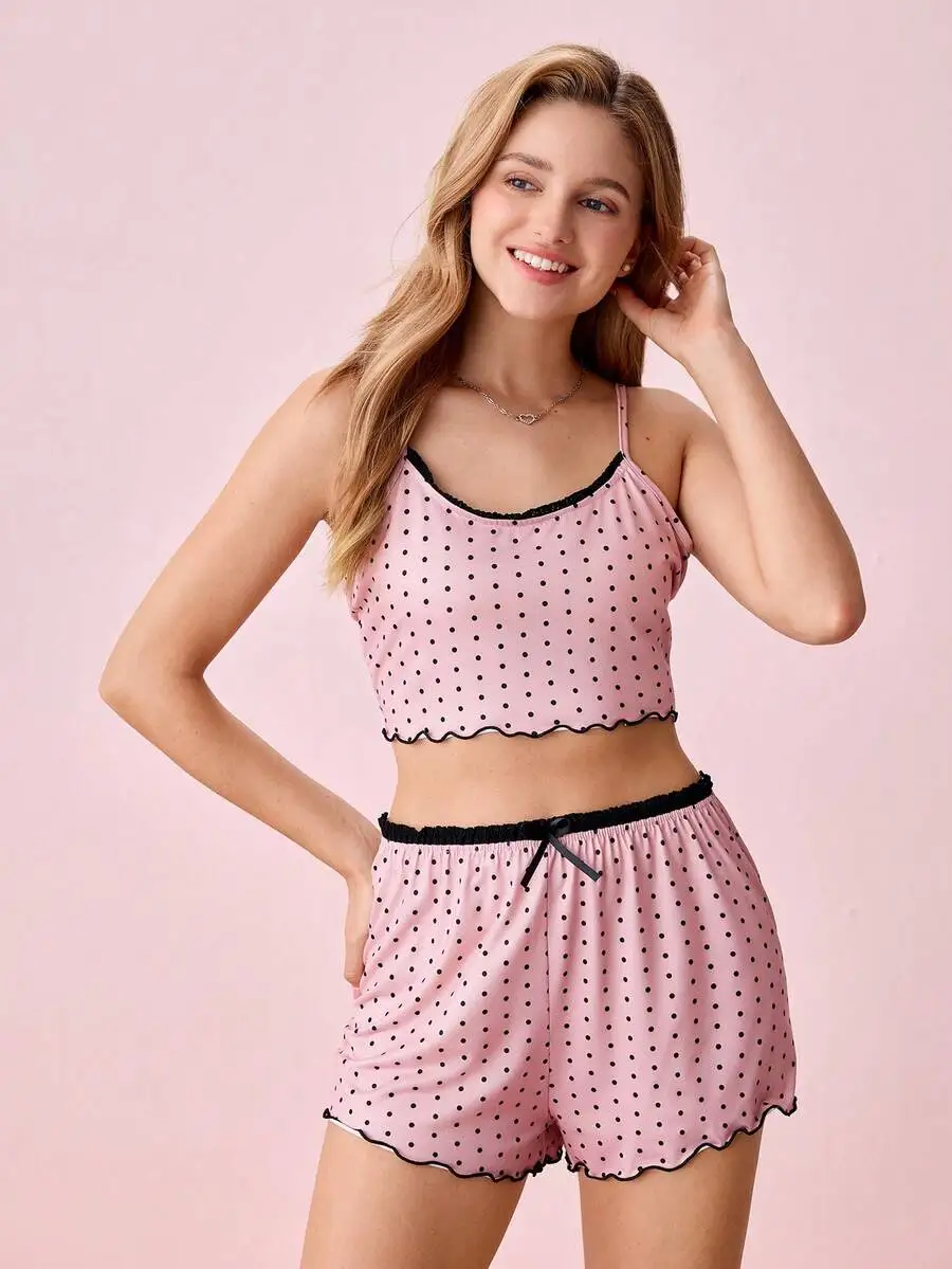 Polka Dot Print Lettuce Trim Bow Front Pajama Set For Women Summer
Polka Dot Print Lettuce Trim Bow Front Pajama Set For Women Summer