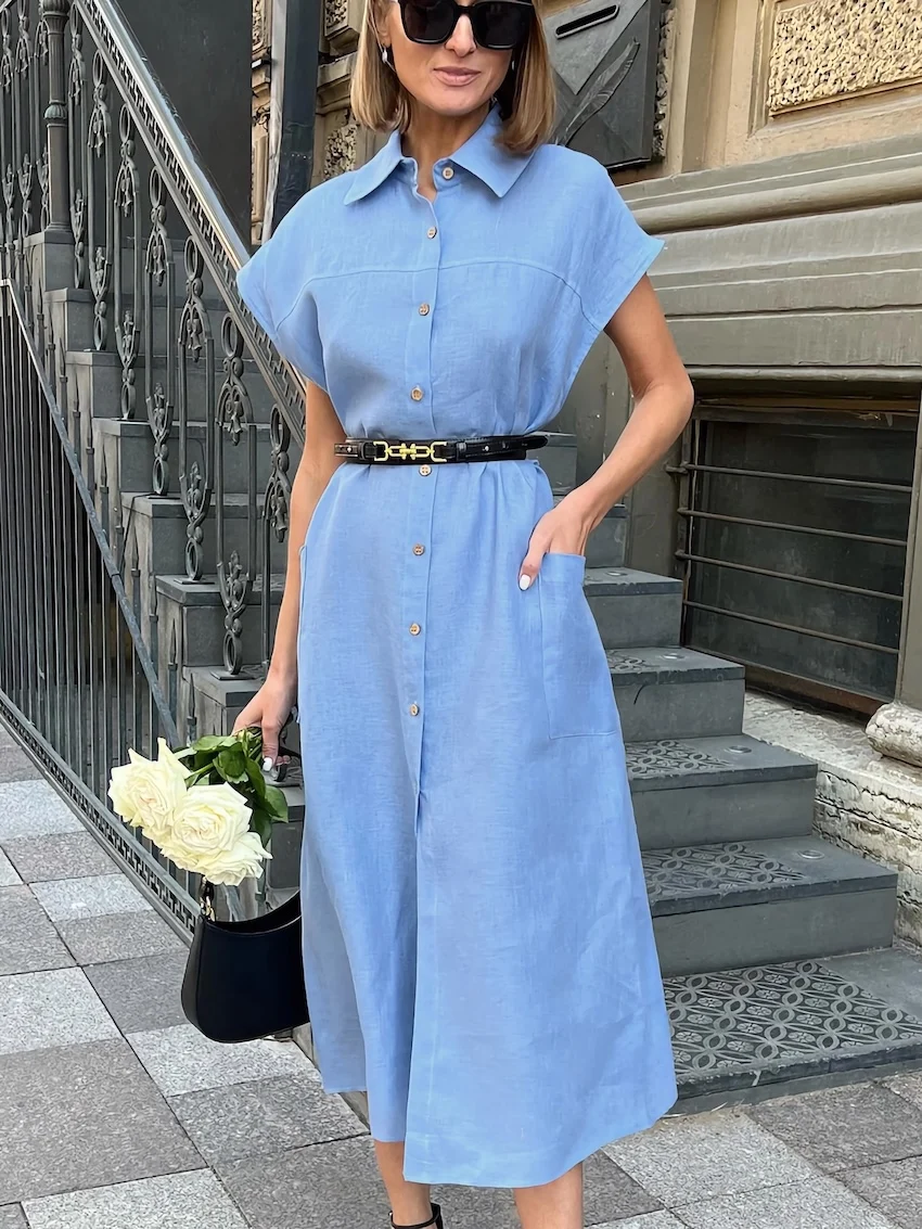 WXOY Women's Summer Fit and Flare Swing Cotton Linen Dress Waist Belt Casual Button Down Beach Midi Dress
WXOY Women's Summer Fit and Flare Swing Cotton Linen Dress Waist Belt Casual Button Down Beach Midi Dress