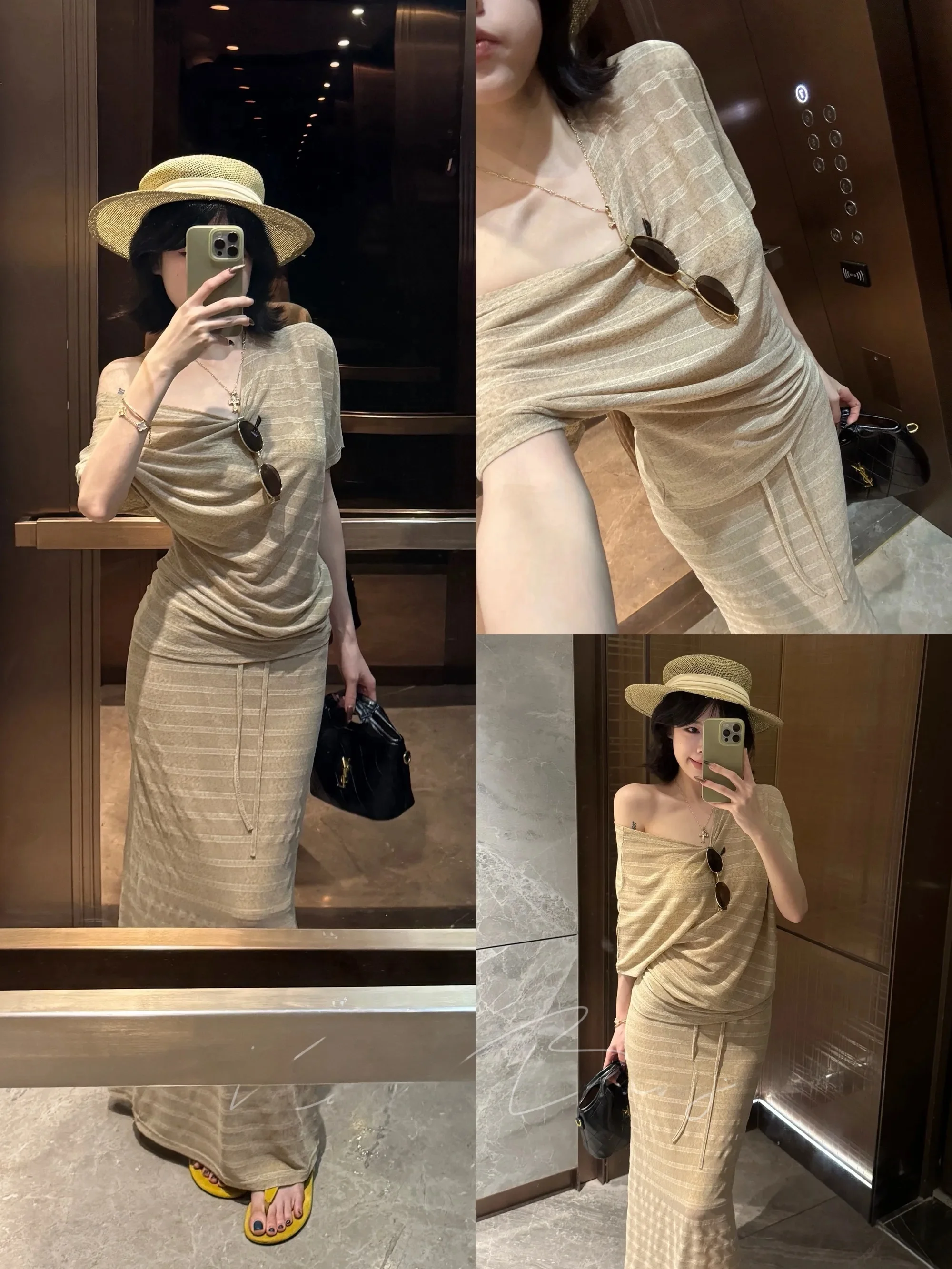 Laid-back Style Diagonal Shoulder Stripe Short Sleeve Women's Top with Woven Belt Half Skirt Summer Loose Slimming Set
Laid-back Style Diagonal Shoulder Stripe Short Sleeve Women's Top with Woven Belt Half Skirt Summer Loose Slimming Set