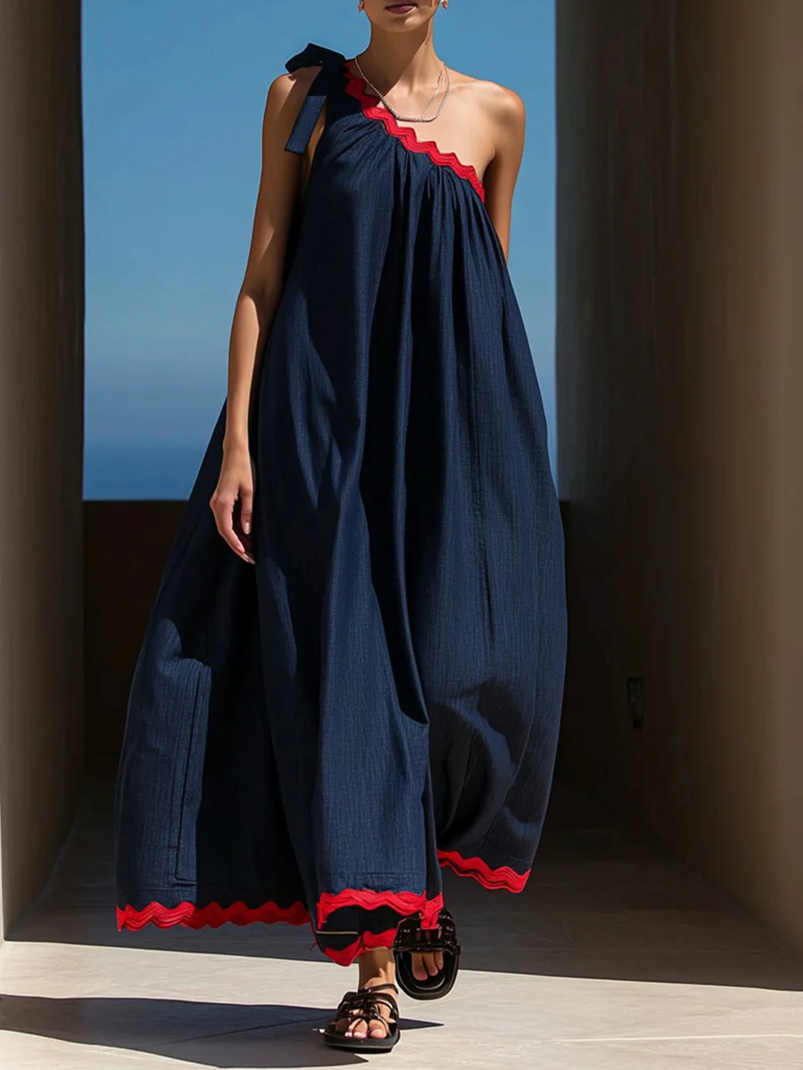 Freeacy Women's Navy Red Contrast Scallop Trim One Shoulder Maxi Dress Summer Casual Loose A Line Pleated Dresses For Vacation
Freeacy Women's Navy Red Contrast Scallop Trim One Shoulder Maxi Dress Summer Casual Loose A Line Pleated Dresses For Vacation