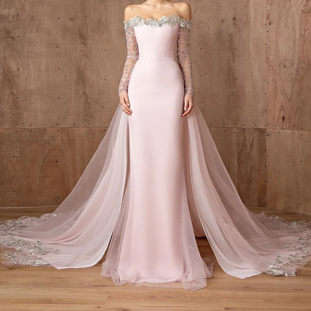 Customized Luxury Organza A-Line Off the Shoulder Appliques Sequined Crystal Evening Dress Delicate Long Sleeves Prom Gowns
Customized Luxury Organza A-Line Off the Shoulder Appliques Sequined Crystal Evening Dress Delicate Long Sleeves Prom Gowns