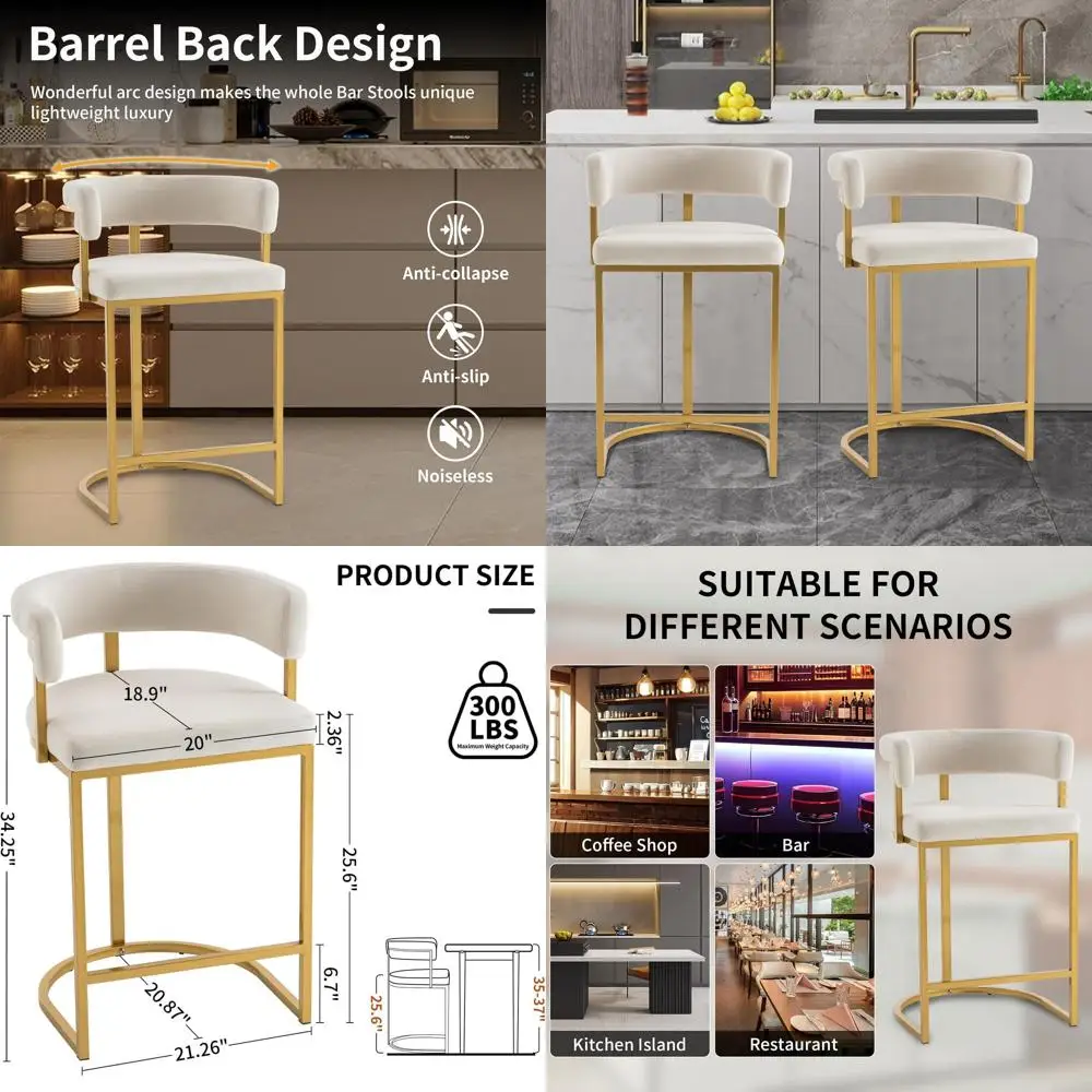 Pair of Beige Velvet Bar Stools with Barrel Backs, Gold Metal Base, 25.6 Seat Height for Counters & Kitchen Islands
Pair of Beige Velvet Bar Stools with Barrel Backs, Gold Metal Base, 25.6 Seat Height for Counters & Kitchen Islands